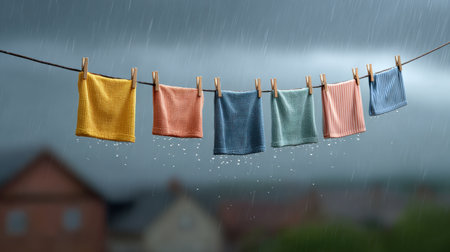 Colorful cloths hang on a line as rain pours down, creating a serene but lively scene. The dark clouds enhance the mood and ambiance.の素材