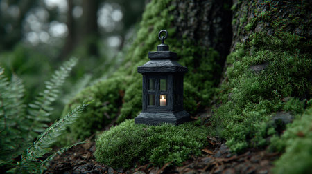 A charming black lantern rests among lush green moss in a tranquil forest setting. The soft candlelight glows, creating an enchanting atmosphere ideal for nature lovers.の素材