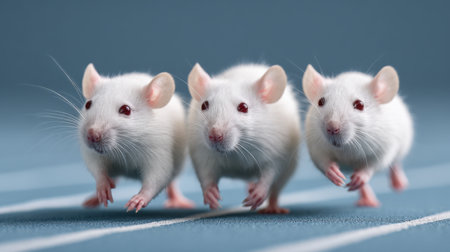 Three small white mice with red eyes are energetically running on a smooth blue surface, highlighting their playful and active nature in a laboratory setting.の素材