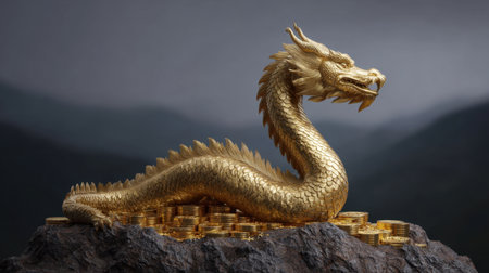 A striking golden dragon statue rests majestically on a pile of shimmering coins, enveloped in mystical fog, creating an aura of enchantment and allure.の素材