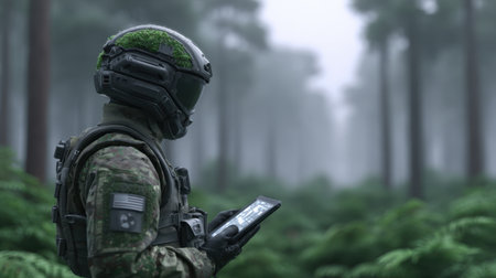 A soldier equipped with advanced technology stands in a serene, misty forest filled with lush greenery. The soldier engages with a device, symbolizing a merger of nature and modern innovation.の素材