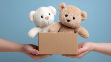 Two charming plush teddy bears, one white and one brown, peek out from a simple cardboard box, symbolizing love and innocence against a soft blue backdrop.の素材
