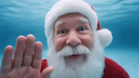 A joyful Santa Claus waves enthusiastically while submerged underwater, showcasing his cheerful expression and festive attire, creating a magical holiday scene.の素材