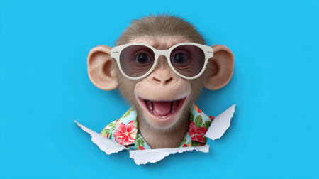 A joyful monkey wearing stylish sunglasses and a colorful tropical shirt peeks through torn paper, exuding fun and playfulness on a bright blue backdrop.の素材