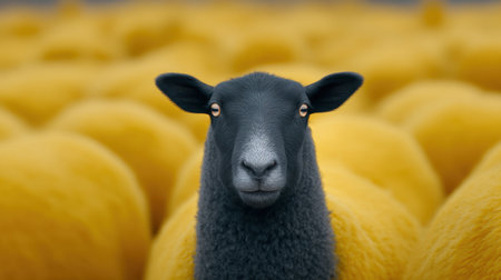 A black sheep stands out against a backdrop of bright yellow grass and a flock of fluffy white sheep, creating a stunning rural scene.の素材