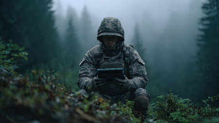 A soldier in camouflage gear crouches in a foggy forest while using a tablet device to access vital information. The scene captures a blend of technology and nature.の素材