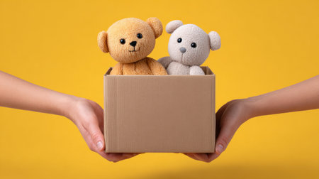Hands gently hold a cardboard box containing two charming teddy bears against a vibrant yellow backdrop, symbolizing joy, comfort, and childhood memories.の素材
