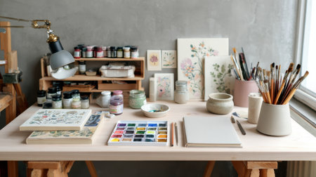 An inviting art studio setting featuring a wooden table adorned with colorful paints, brushes, and jars. Perfectly captures the essence of creativity and inspiration.の素材