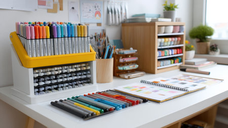 A bright and inviting workspace features an organized array of colorful art supplies, including markers and sketchbooks, perfect for creative inspiration.の素材