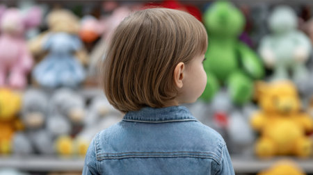 A young child stands in a retail store, gazing at an array of colorful plush toys. The scene captures the innocence and curiosity of childhood, inviting viewers to reflect on joyful moments and imaginative play.の素材