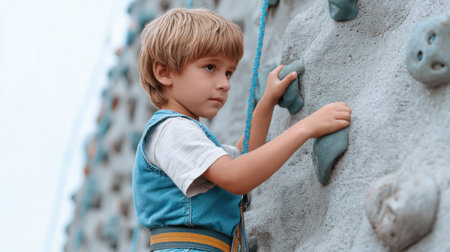 A young boy displays determination as he climbs an outdoor rock wall, showcasing his focus and skill in an engaging and playful environment.の素材