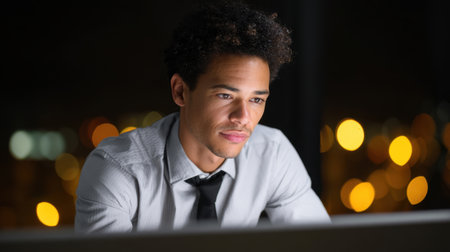 A young man is intensely focused on his computer screen while working late at night, with glowing city lights creating a vibrant backdrop.の素材