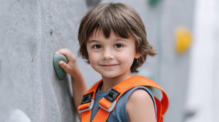 A cheerful young boy confidently poses by an indoor rock wall, wearing a bright safety harness. His joyful smile reflects excitement and determination as he prepares for an adventurous climb.の素材