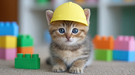 This delightful image features a playful kitten wearing a bright yellow construction hat, surrounded by colorful building blocks. The charming scene creates a cheerful atmosphere, ideal for conveying themes of creativity and joy. Perfect for pet lovers and children's content.の素材