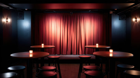 A stylish entertainment venue featuring intimate lighting and rich red curtains, perfect for performances, shows, and social gatherings in a cozy atmosphere.の素材