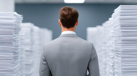 A businessman dressed in a formal suit stands between tall stacks of paperwork, embodying the challenges and responsibilities of the modern office environment.の素材