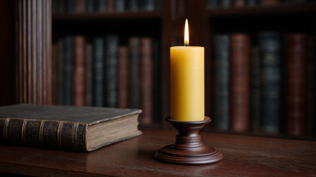 A serene scene featuring a bright yellow candle casting a gentle glow on an antique book, perfect for evoking a cozy and inviting atmosphere in a timeless library setting.の素材