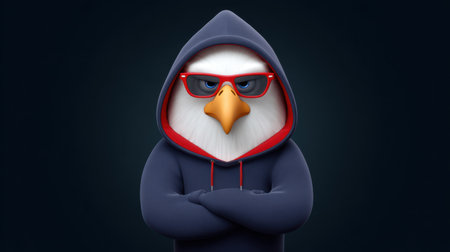A vibrant cartoon eagle character wearing a hoodie and glasses, expressing confidence and coolness. The character stands against a dark background, adding to its striking presence.の素材