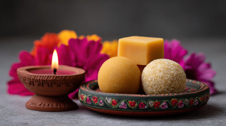 A beautifully arranged plate of traditional Indian sweets accompanied by an earthen lamp and vibrant flowers, perfect for festive celebrations.の素材