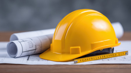 A vibrant yellow hard hat rests atop detailed construction blueprints and a measuring tool on a wooden table, emphasizing safety and precision in engineering projects.の素材