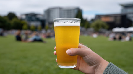 A vibrant scene of a person holding a glass of golden beer in a park, showcasing a relaxed atmosphere filled with people enjoying the outdoors.の素材