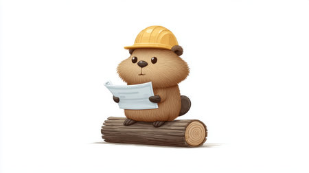 This charming illustration features a cute beaver wearing a construction helmet and examining blueprints while perched on a log, perfect for playful design projects.の素材