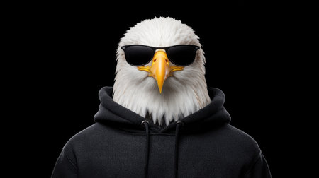 A majestic eagle sporting sunglasses and a black hoodie creates a humorous and stylish portrait against a sleek black background. Perfect for creative projects!の素材