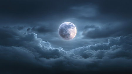 A captivating night scene showcasing a full moon shining brightly through dramatic clouds. The atmospheric view evokes serenity and wonder.の素材