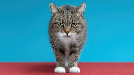 A charming tabby cat with bright green eyes stands confidently against a bold blue backdrop, exuding personality and curiosity in this delightful stock photo.の素材