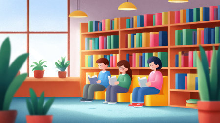This vibrant library scene captures children engaged in reading, surrounded by colorful bookshelves and a cozy atmosphere, perfect for learning and imagination.の素材