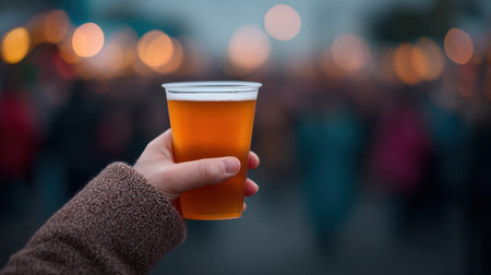 A close-up of a hand holding a clear plastic cup filled with amber beer at an outdoor festival, surrounded by a blurred crowd, creating a lively atmosphere.の素材
