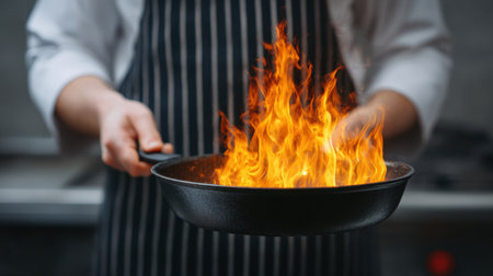 A professional chef skillfully maneuvers a frying pan engulfed in bright flames in a contemporary kitchen, showcasing culinary expertise and passion.の素材