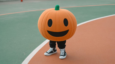 A cheerful pumpkin costume character brings joy and excitement to a basketball court setting, showcasing a playful atmosphere perfect for events and celebrations.の素材