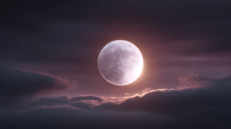 A stunning full moon shines brightly in the dark sky, surrounded by soft clouds, creating a magical and serene atmosphere during nighttime.の素材