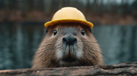 This charming image showcases a beaver wearing a yellow hard hat, peering curiously from behind a log by a serene water body, surrounded by trees.の素材