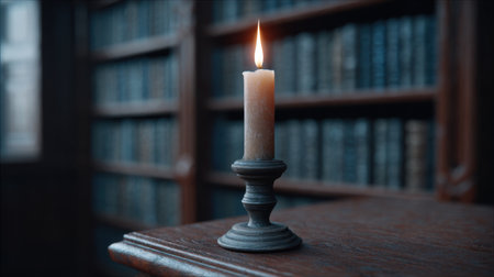 A serene and charming scene featuring a flickering candle sitting on a wooden table in a vintage library surrounded by shelves filled with books.の素材