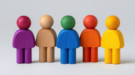 A collection of five colorful wooden figures arranged in a row, illustrating themes of diversity, community, and playful aesthetics in educational contexts.の素材