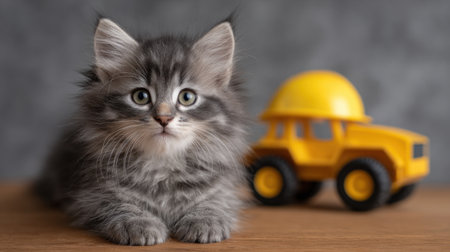 Adorable gray kitten gazes curiously at the camera beside a bright yellow toy truck, capturing a playful and heartwarming moment in a cozy indoor setting.の素材