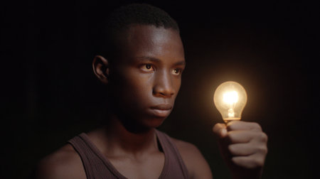A young person holding a glowing light bulb stands in a dark environment, symbolizing hope, innovation, and the power of ideas to illuminate the future.の素材