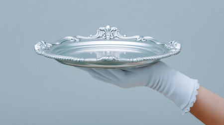 A beautifully designed silver serving tray is gracefully held by a gloved hand against a soft background, showcasing elegance and sophistication for any event.の素材