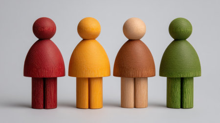 A set of four colorful wooden figurines exemplifying diversity and community, offering a minimalist aesthetic for design, educational, or decorative purposes.の素材