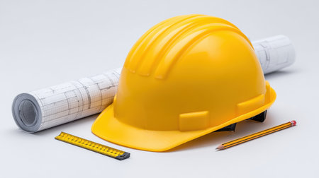 A yellow hard hat rests next to rolled architectural plans and a pencil on a white background. Ideal for construction and engineering projects, this image captures essential tools for safe building practices and precise planning.の素材