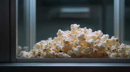 A tempting pile of freshly popped popcorn displayed in a glass case, ideal for creating a cozy atmosphere during movies or gatherings. Captivating and delicious.の素材