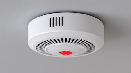A modern smoke detector with a prominent red indicator light is installed on a ceiling to enhance home safety and fire prevention. This device plays a crucial role in alerting residents to smoke and potential fire hazards, ensuring peace of mind in any residential setting.の素材