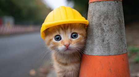 This charming photograph features a playful kitten wearing a vibrant yellow construction helmet, leaning against a traffic cone in a beautiful outdoor setting.の素材