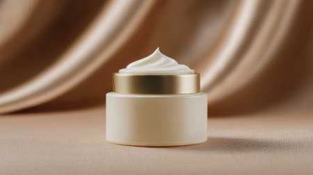 This elegant jar of creamy moisturizer is artfully displayed against a soft fabric background, emphasizing its luxurious skincare attributes. Perfect for beauty enthusiasts.の素材
