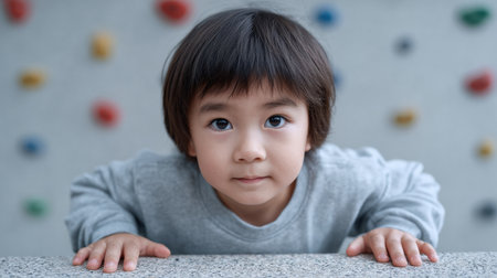A young child displays determination and focus while preparing to climb an indoor climbing wall, creating an engaging and motivating atmosphere for play.の素材