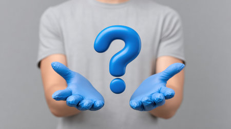 A person in a gray shirt wearing blue gloves extends hands with a large blue question mark hovering between them, symbolizing inquiry and uncertainty.の素材