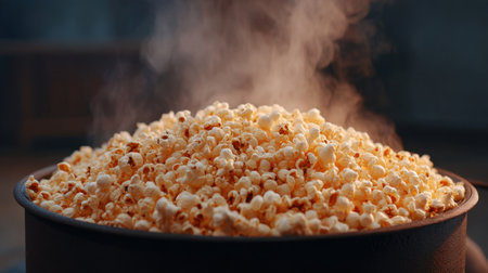A large bowl of freshly popped popcorn, steaming and fluffy, captures the essence of comfort food. Perfect for sharing during movie nights or gatherings.の素材