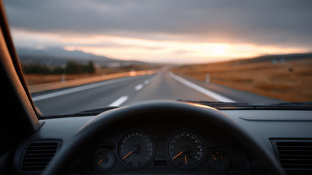 Captivating view from a car dashboard overlooking an open road during sunset, surrounded by mountains and serene landscapes, evoking a sense of freedom.の素材